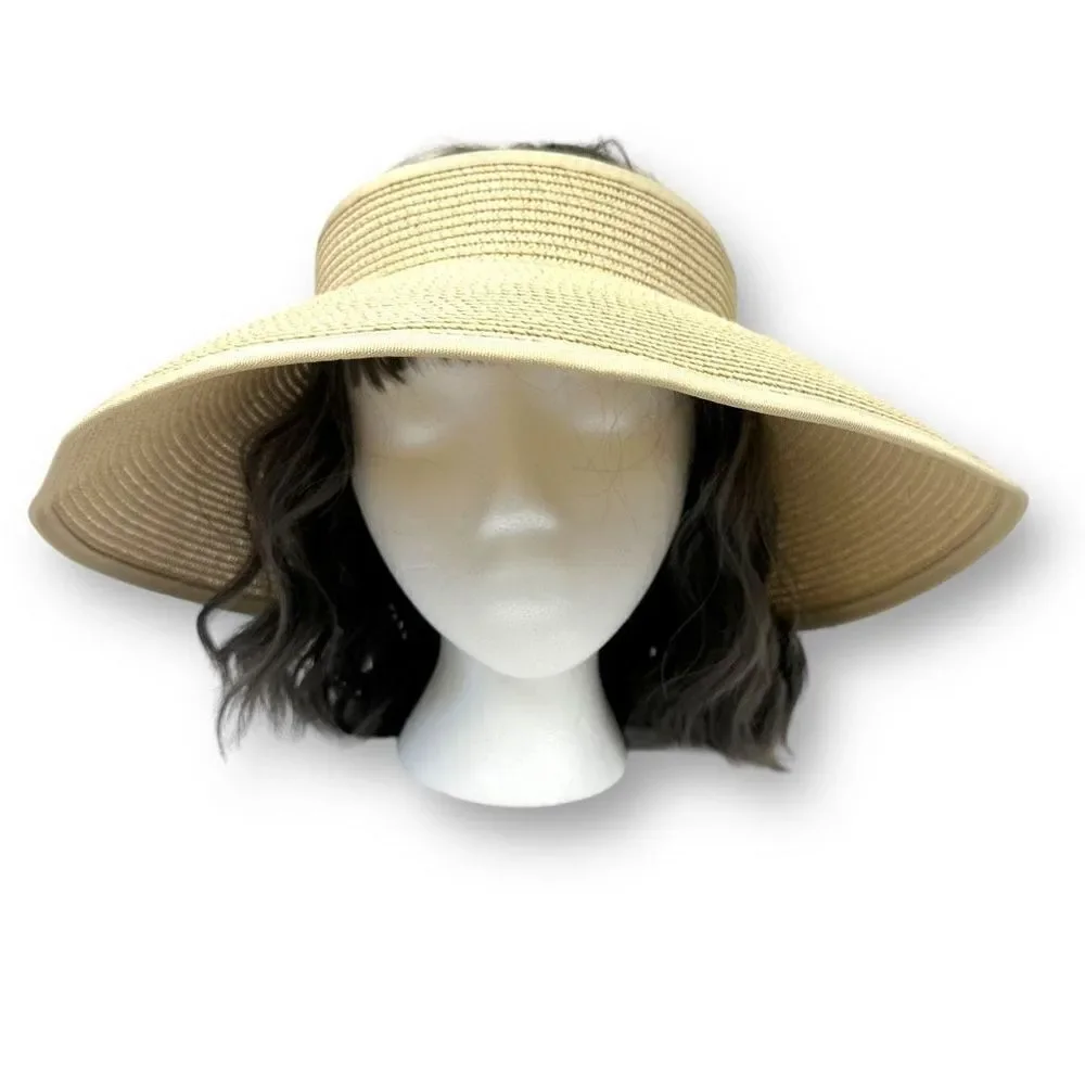 Boutique Women's Roll Up Visor Hat Beige Tan 100% Paper Woven Sun Protection